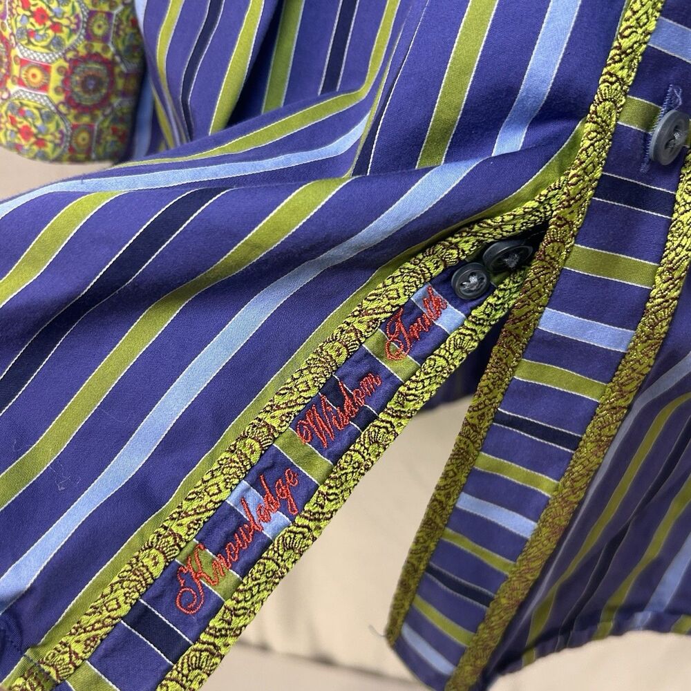 Robert Graham Shirt Mens XL Striped Embroidered Flip Cuff Button Up Long Sleeve - Picture 4 of 12